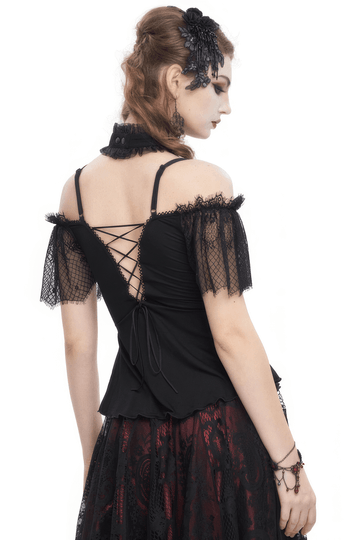 Black and Red Off-the-Shoulder Top with Short Lace Sleeves